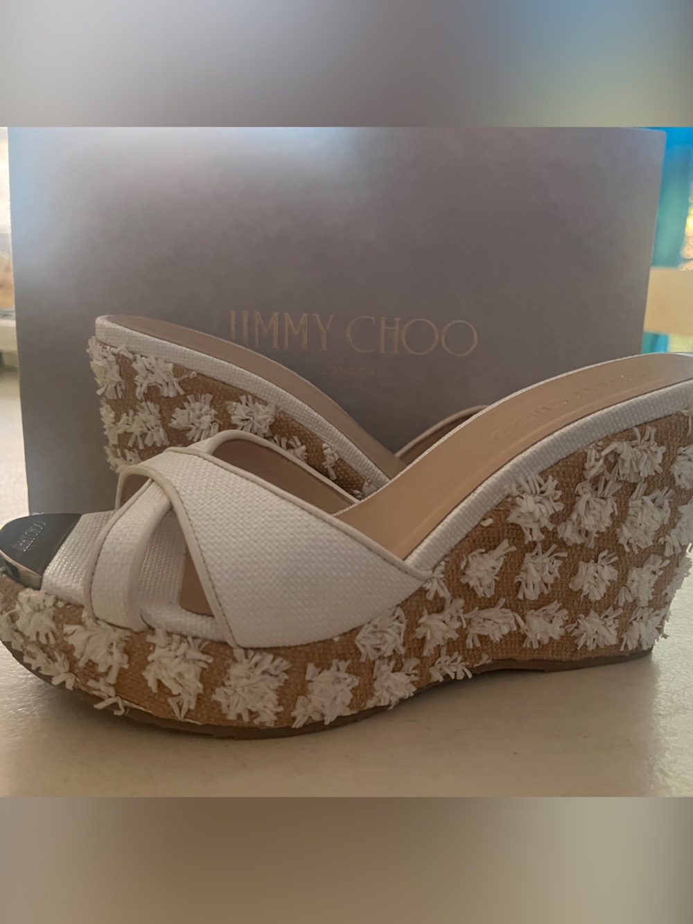Jimmy Choo White & Raffia Pandora Slide Platform sandal with Gold Tip